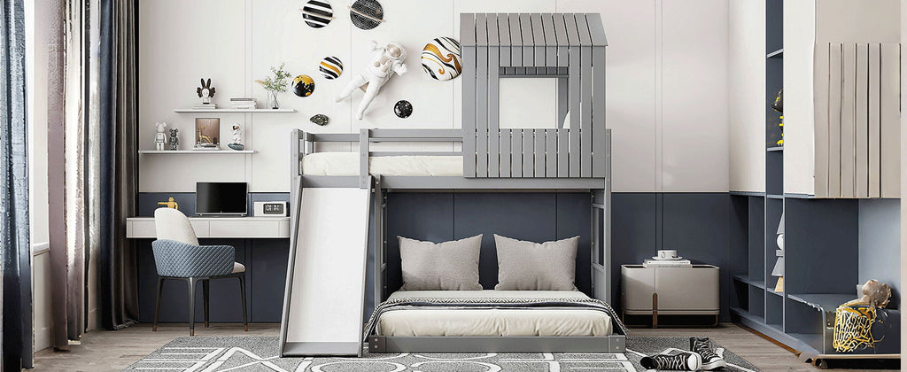 Loft Bunk Bed With Playhouse, Slide, and Guardrails - Twin Over Full
