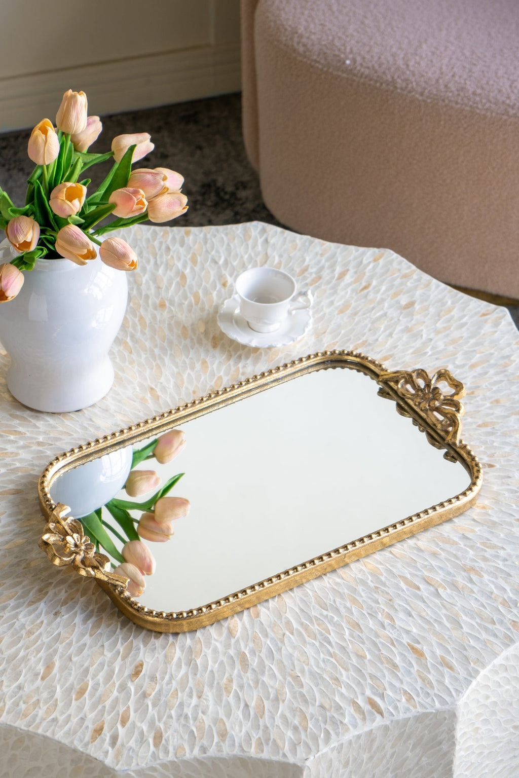Ornate Gold Accent Tray with Mirrored Surface - Gold