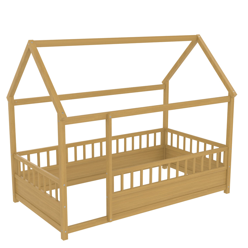 Twin Size Floor Wooden Bed with House Roof Frame - Pine