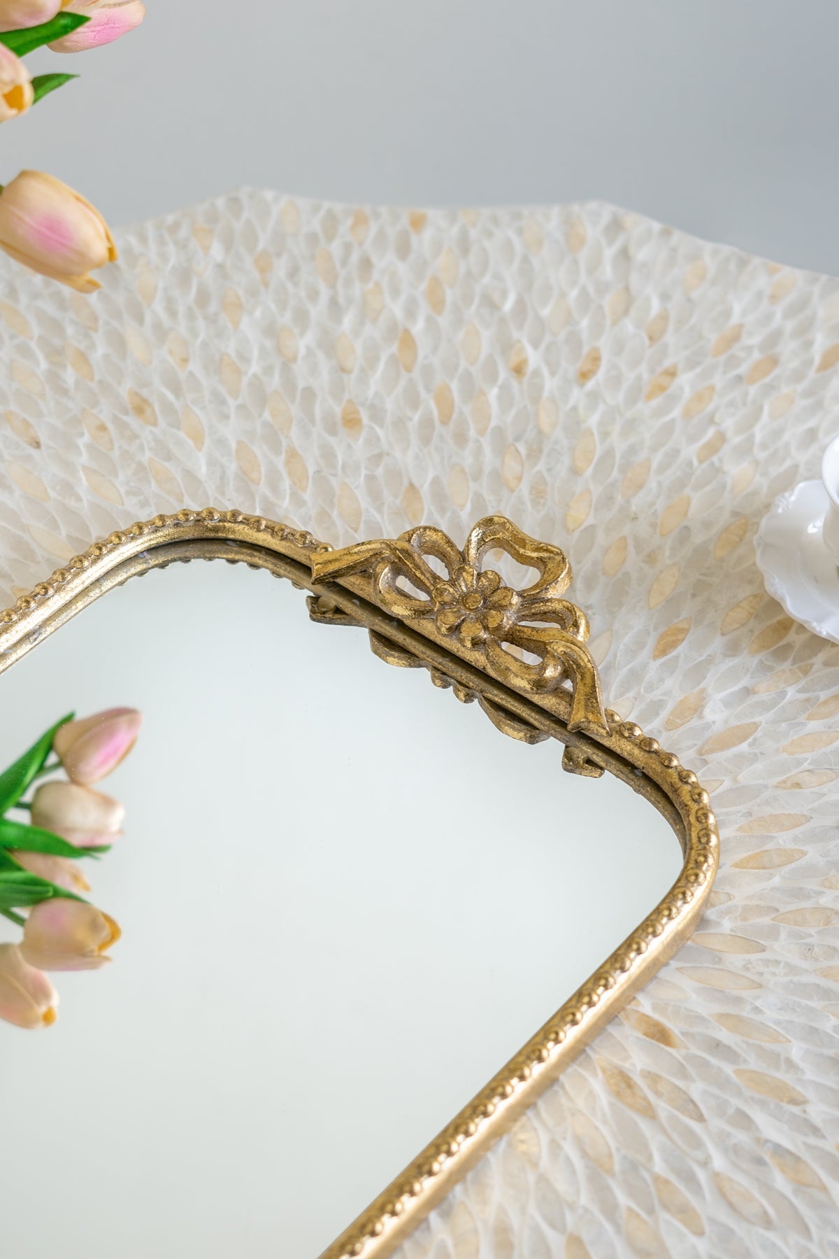 Ornate Gold Accent Tray with Mirrored Surface - Gold