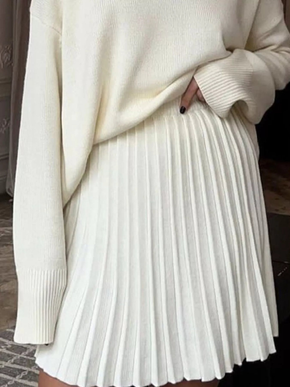 Round Neck Top and Pleated Skirt Sweater Set