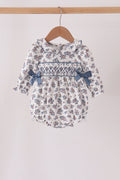 Teal floral smocked bow bubble