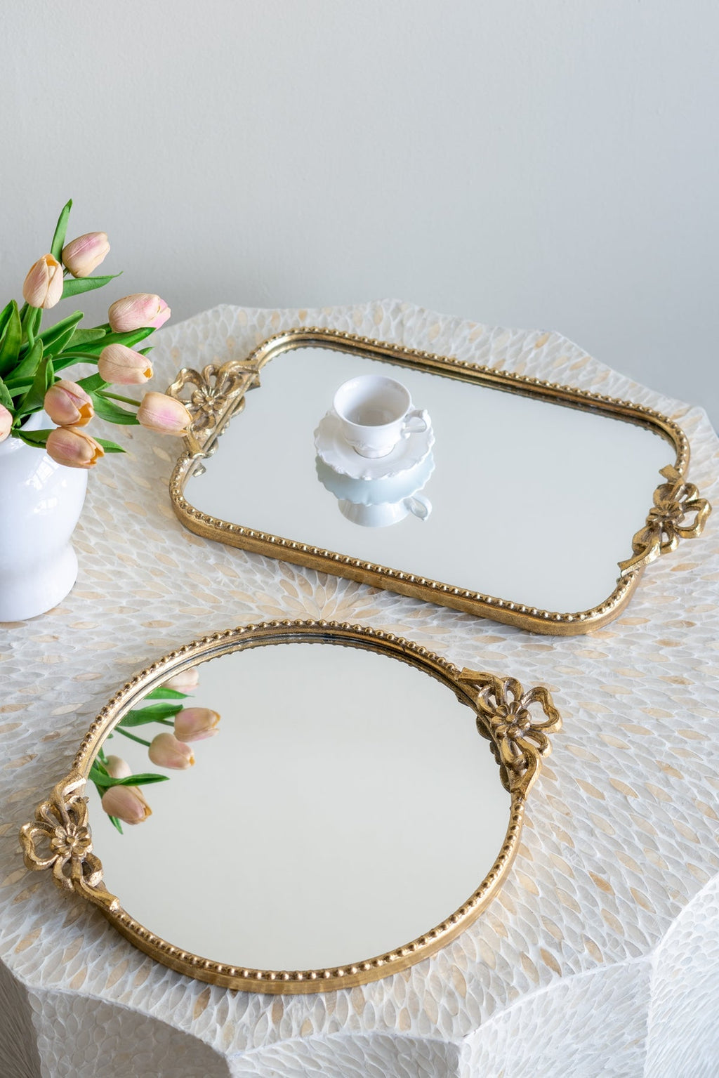 Ornate Gold Accent Tray with Mirrored Surface - Gold