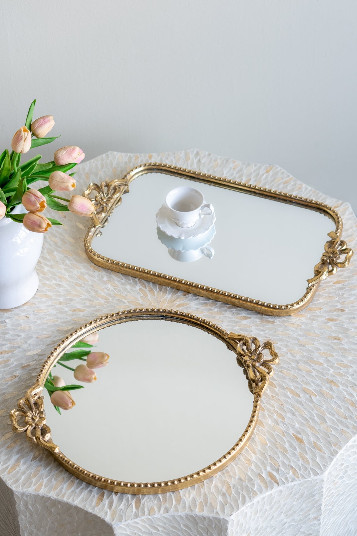 Ornate Gold Accent Tray with Mirrored Surface - Gold