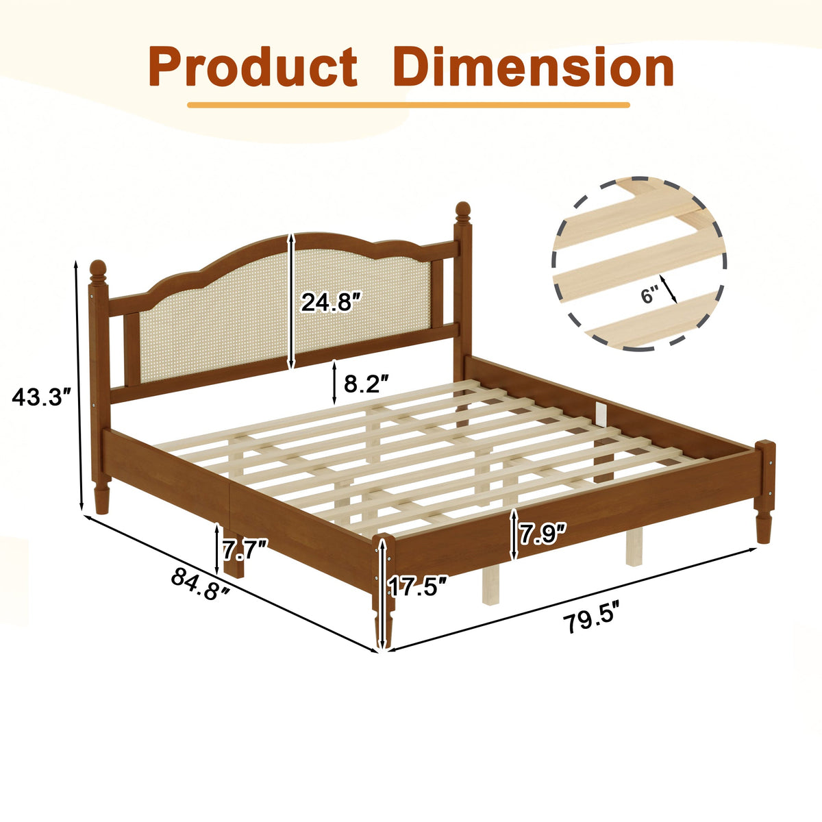 King Size Wooden Platform Bed with Rattan Headboard - Natural Wood