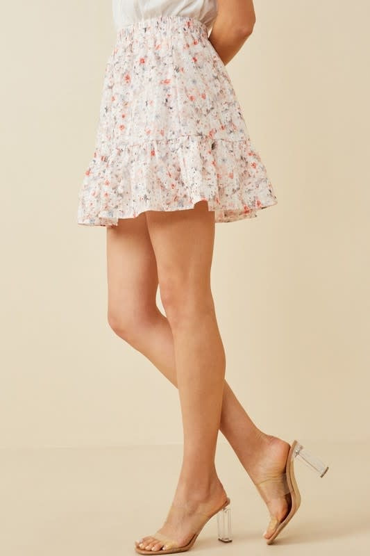 Eyelet Embroidered Floral Elastic Waist Skirt - Pink