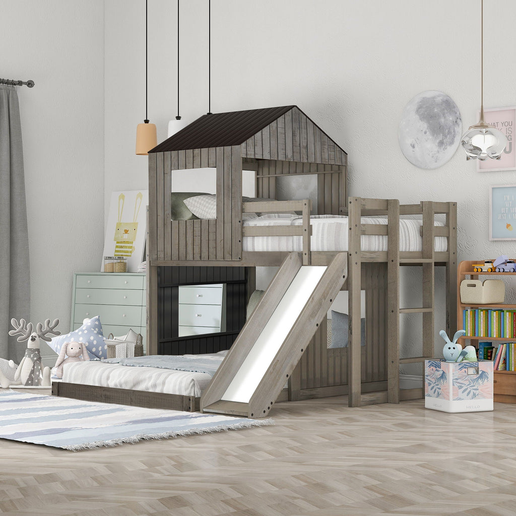 Loft Bunk Bed With Playhouse, Slide, and Guardrails - Twin Over Full