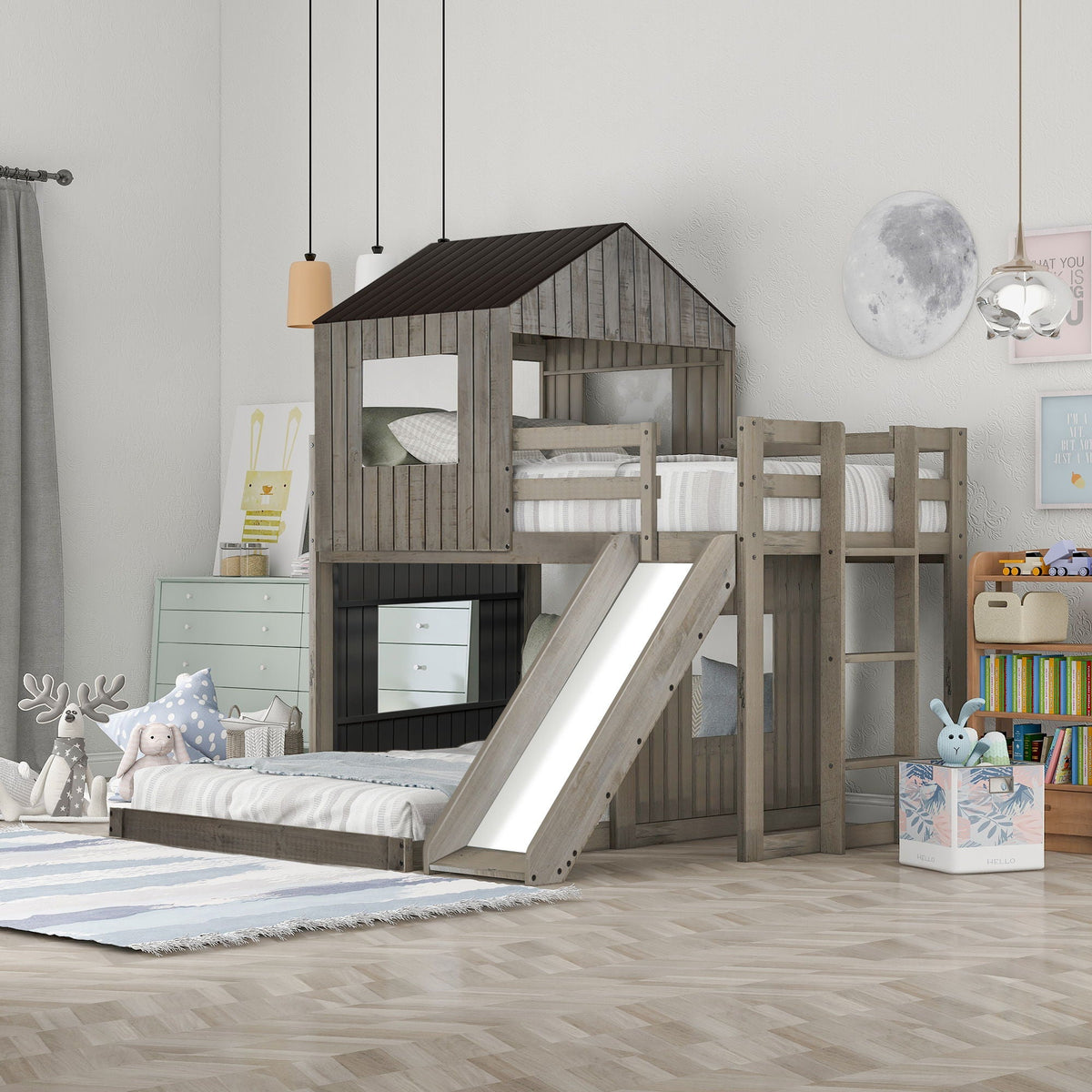 Loft Bunk Bed With Playhouse, Slide, and Guardrails - Twin Over Full