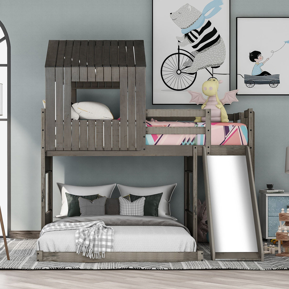 Loft Bunk Bed With Playhouse, Slide, and Guardrails - Twin Over Full
