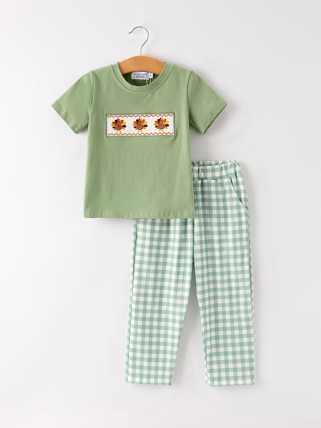 Fall Thanksgiving Turkey Smock Embroidered Green Plaid Boys Set