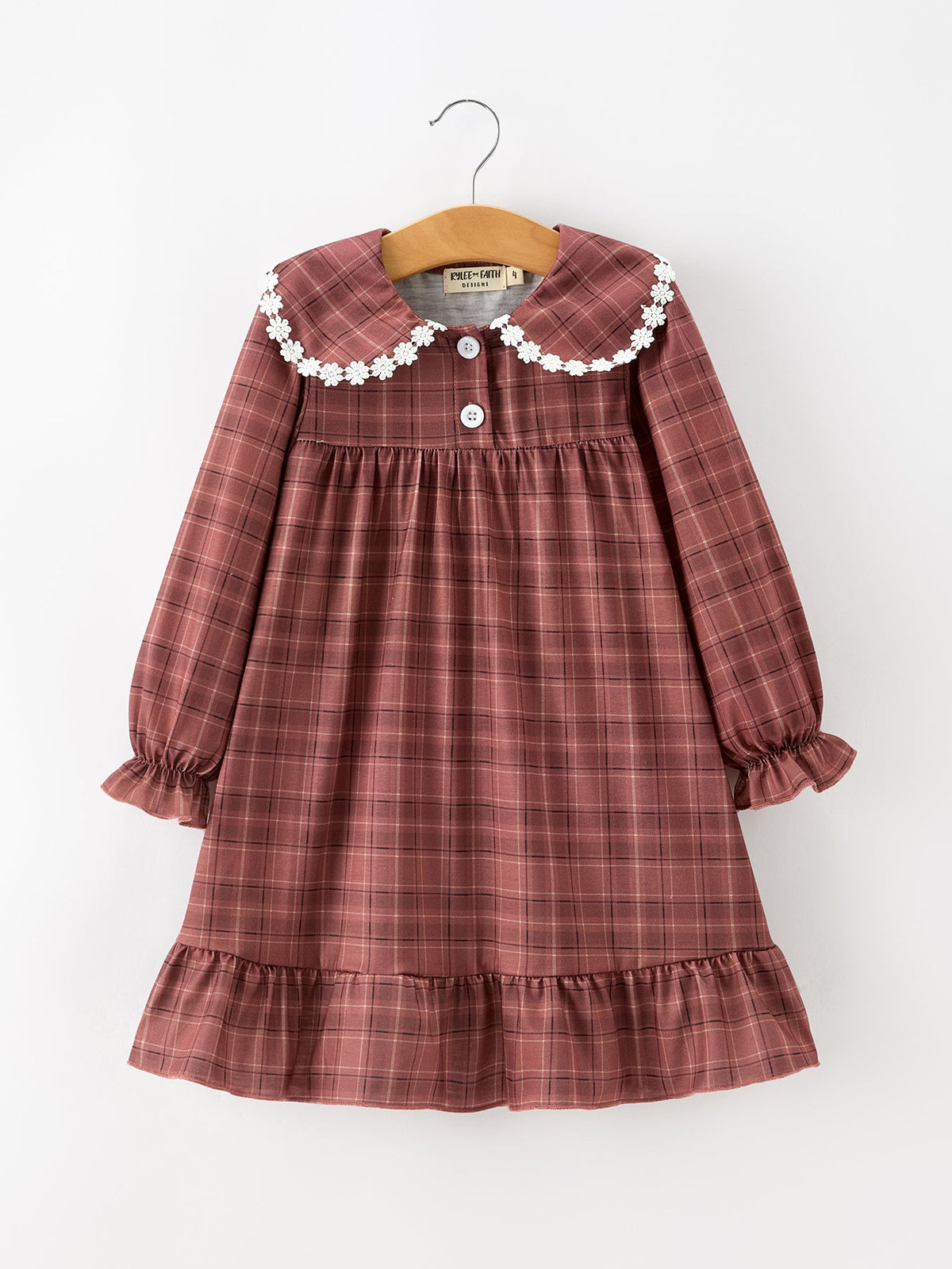 Brown Plaid Lace-Trim Dress