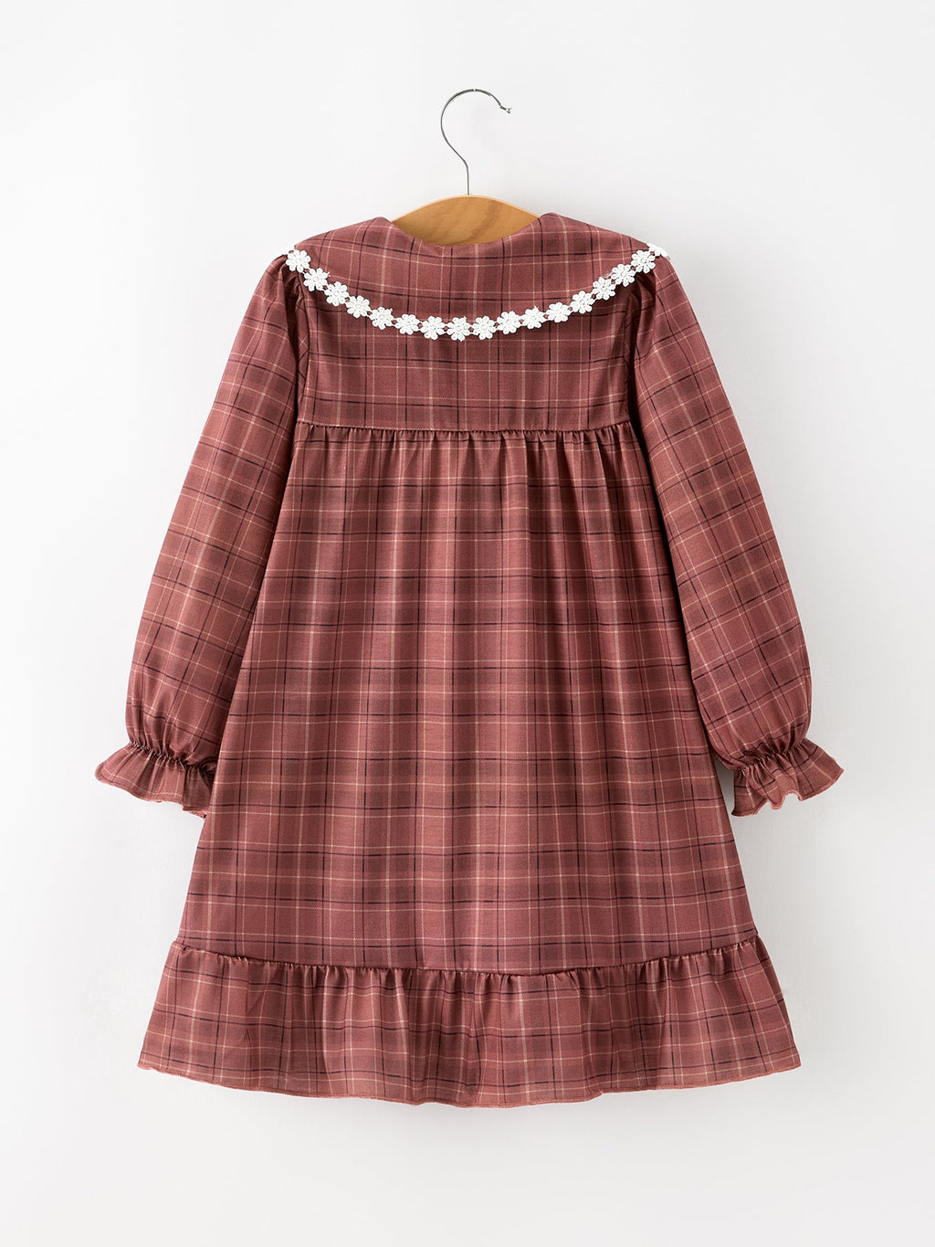 Brown Plaid Lace-Trim Dress