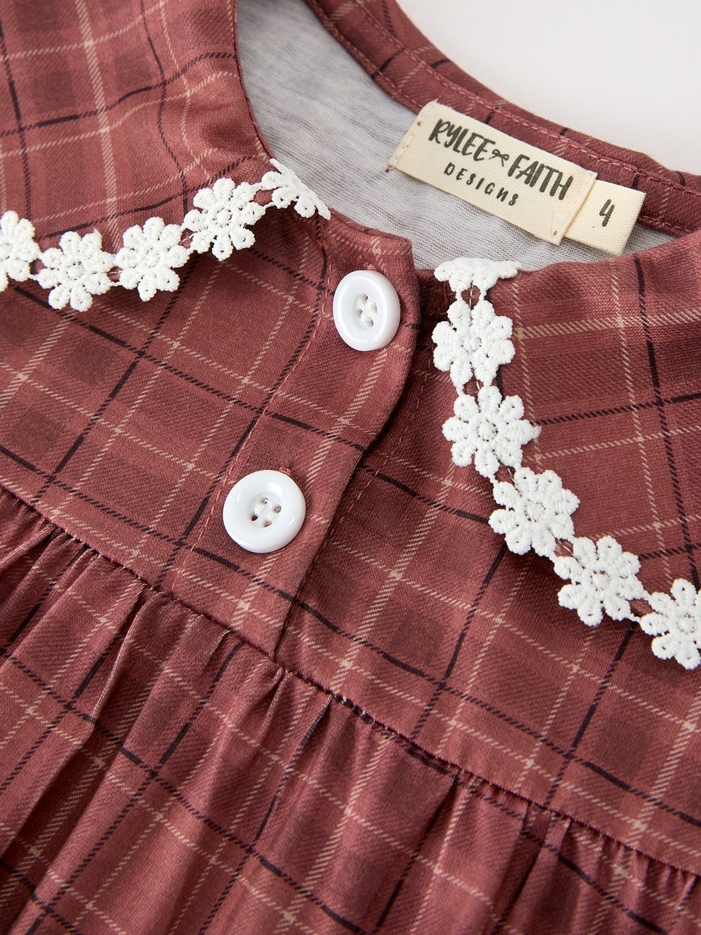 Brown Plaid Lace-Trim Dress