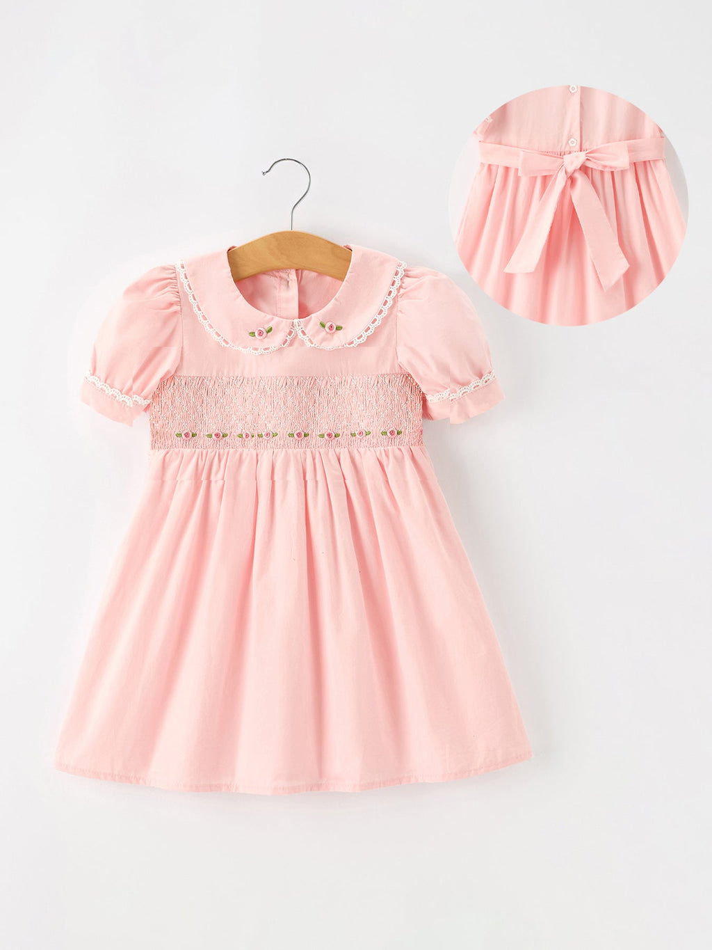 Pink Floral Embroidered Smocked Peter Pan Collar Dress