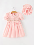 Pink Floral Embroidered Smocked Peter Pan Collar Dress
