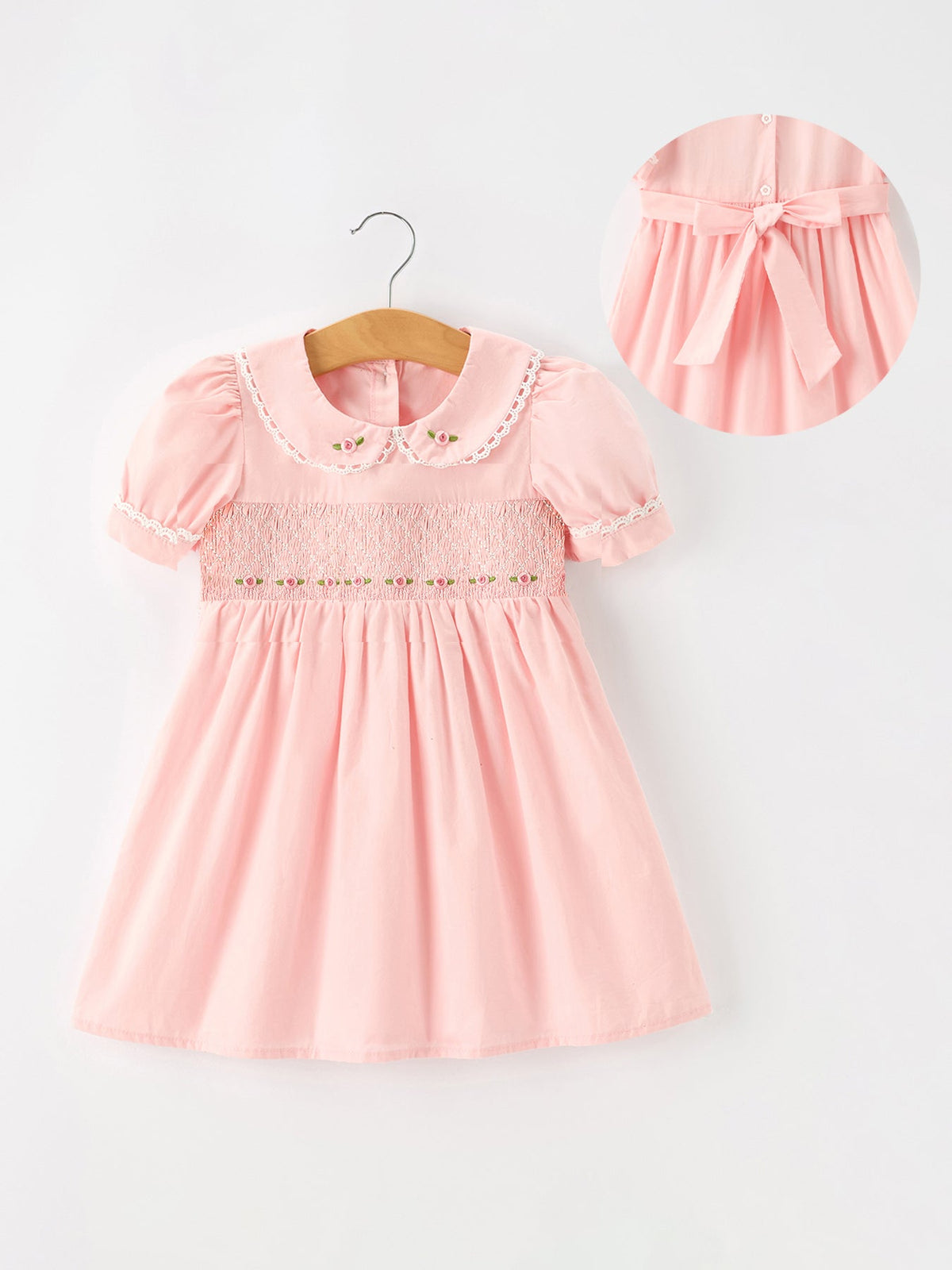 Pink Floral Embroidered Smocked Peter Pan Collar Dress