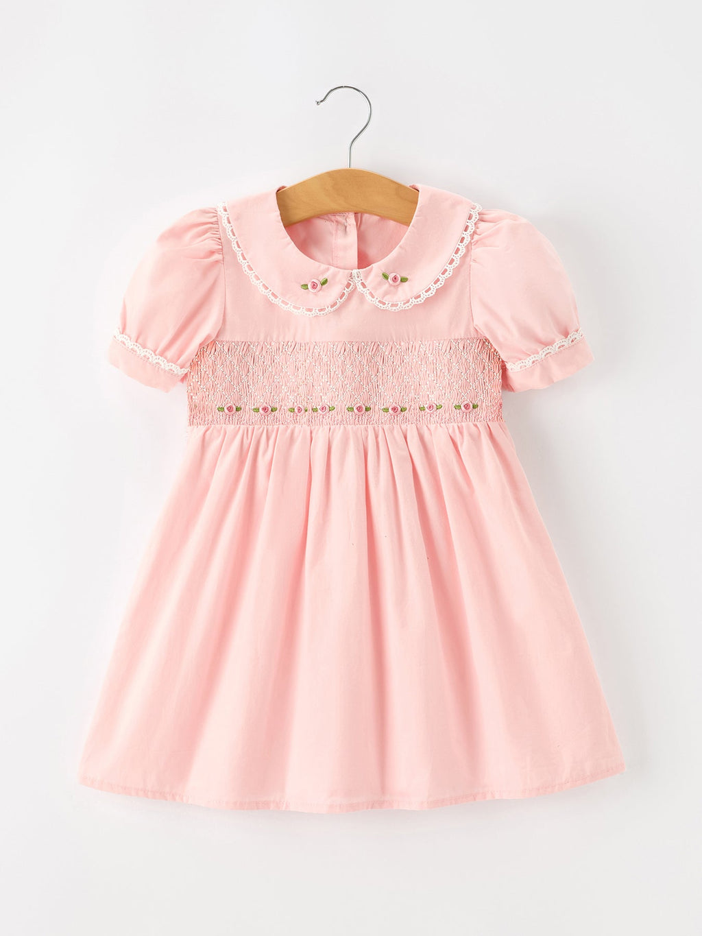 Pink Floral Embroidered Smocked Peter Pan Collar Dress