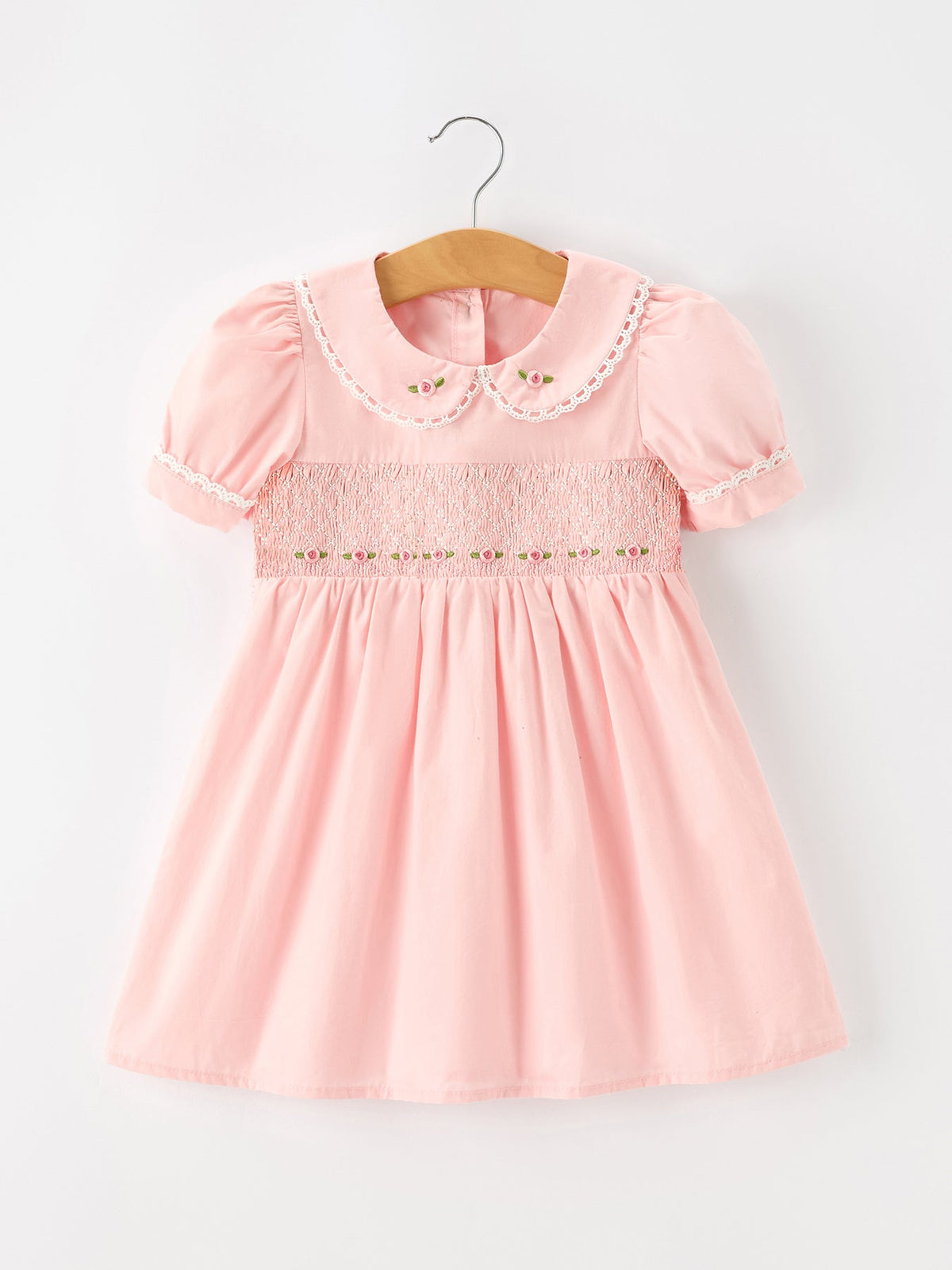 Pink Floral Embroidered Smocked Peter Pan Collar Dress
