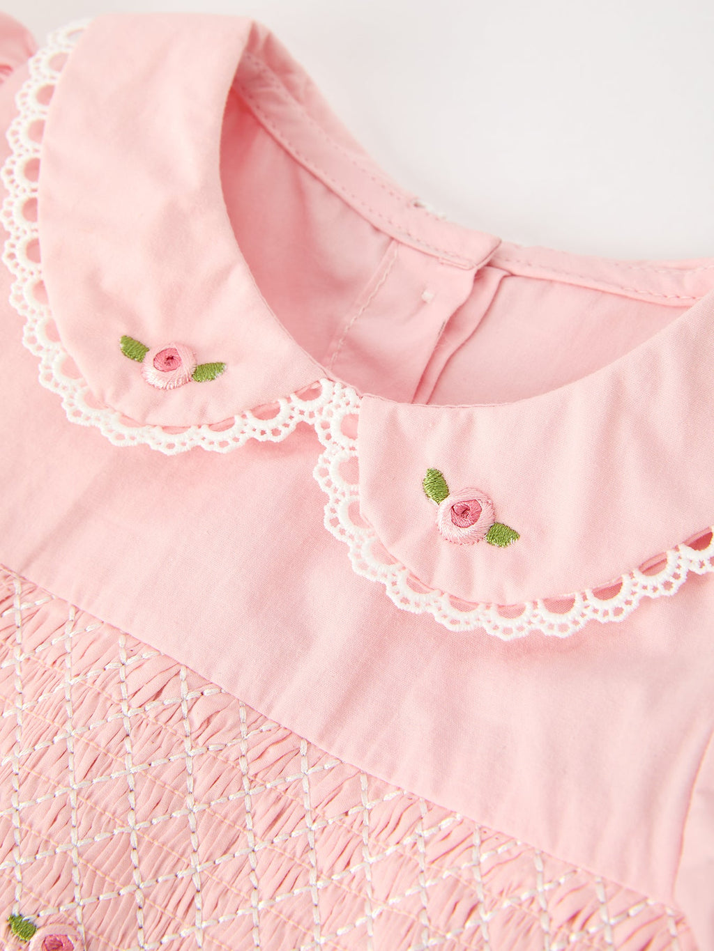 Pink Floral Embroidered Smocked Peter Pan Collar Dress