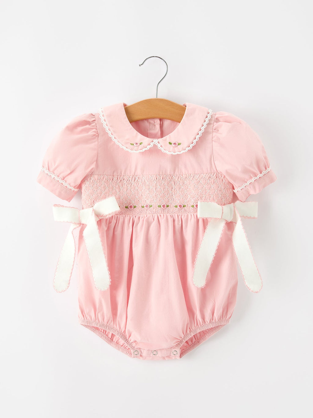 Pink Floral Embroidered Smocked Bow Bubble Romper