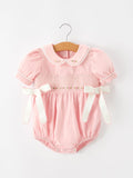 Pink Floral Embroidered Smocked Bow Bubble Romper