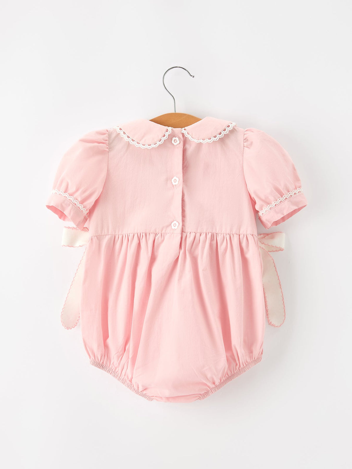 Pink Floral Embroidered Smocked Bow Bubble Romper