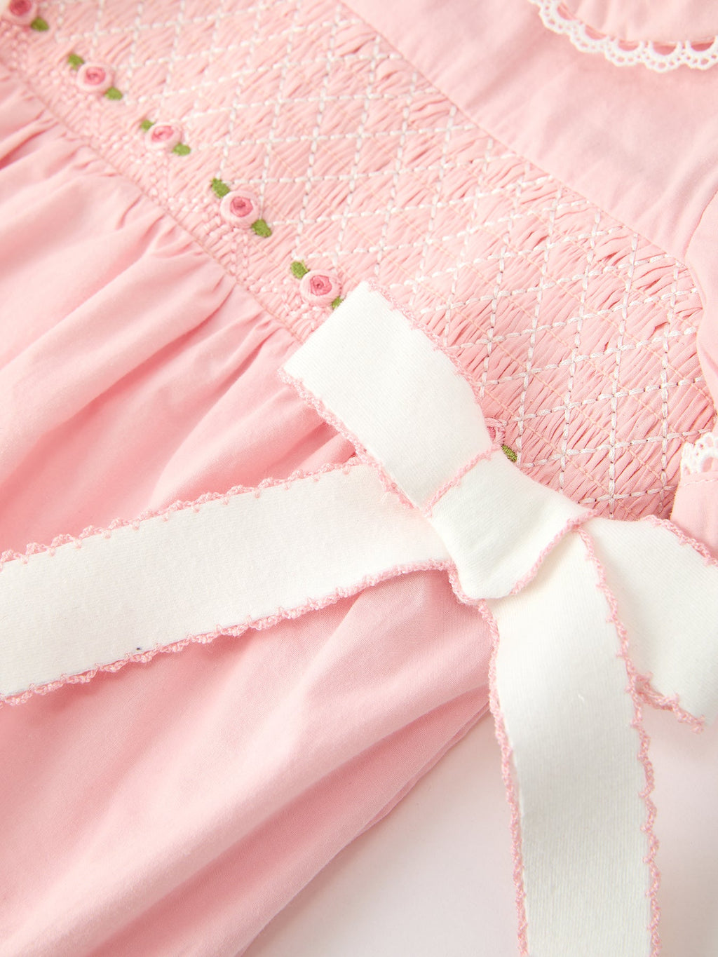 Pink Floral Embroidered Smocked Bow Bubble Romper