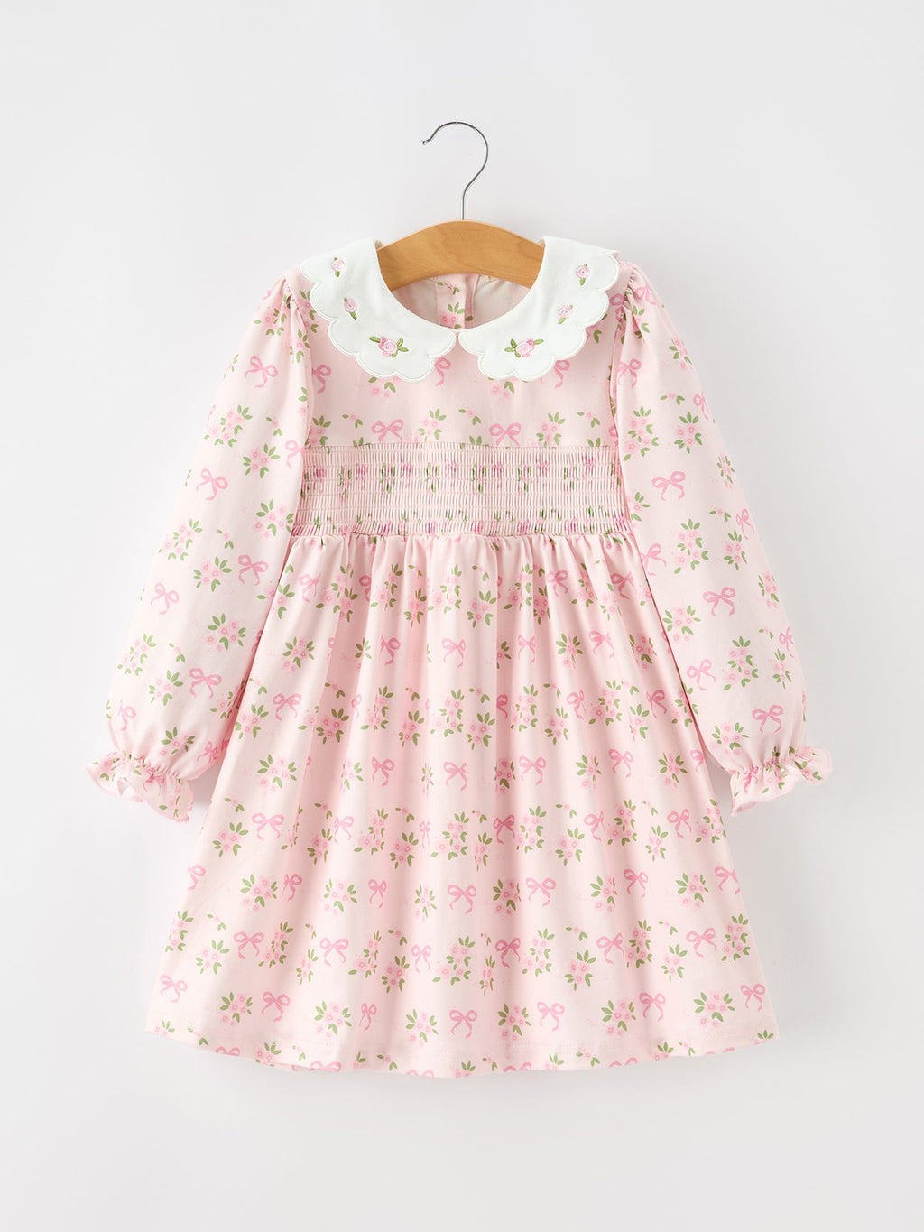 Pink Floral Embroidered Collar Smocked Dress