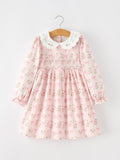 Pink Floral Embroidered Collar Smocked Dress