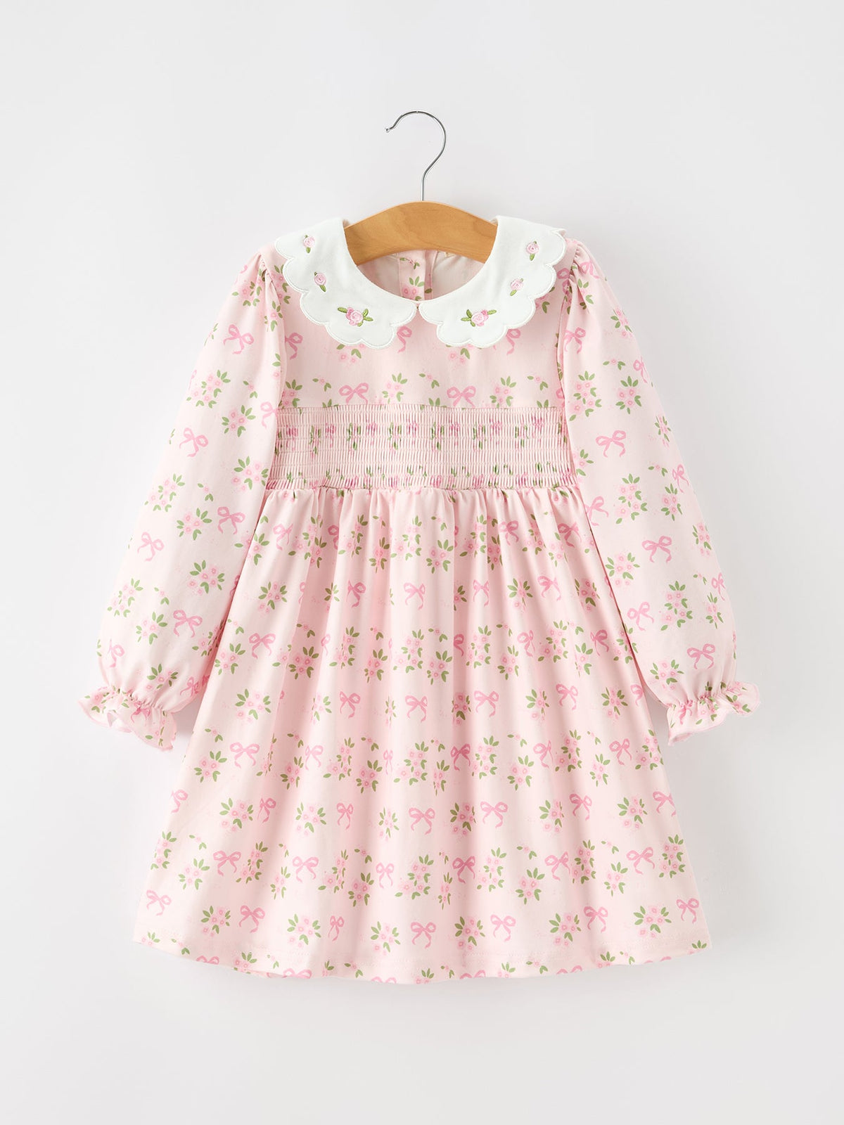Pink Floral Embroidered Collar Smocked Dress