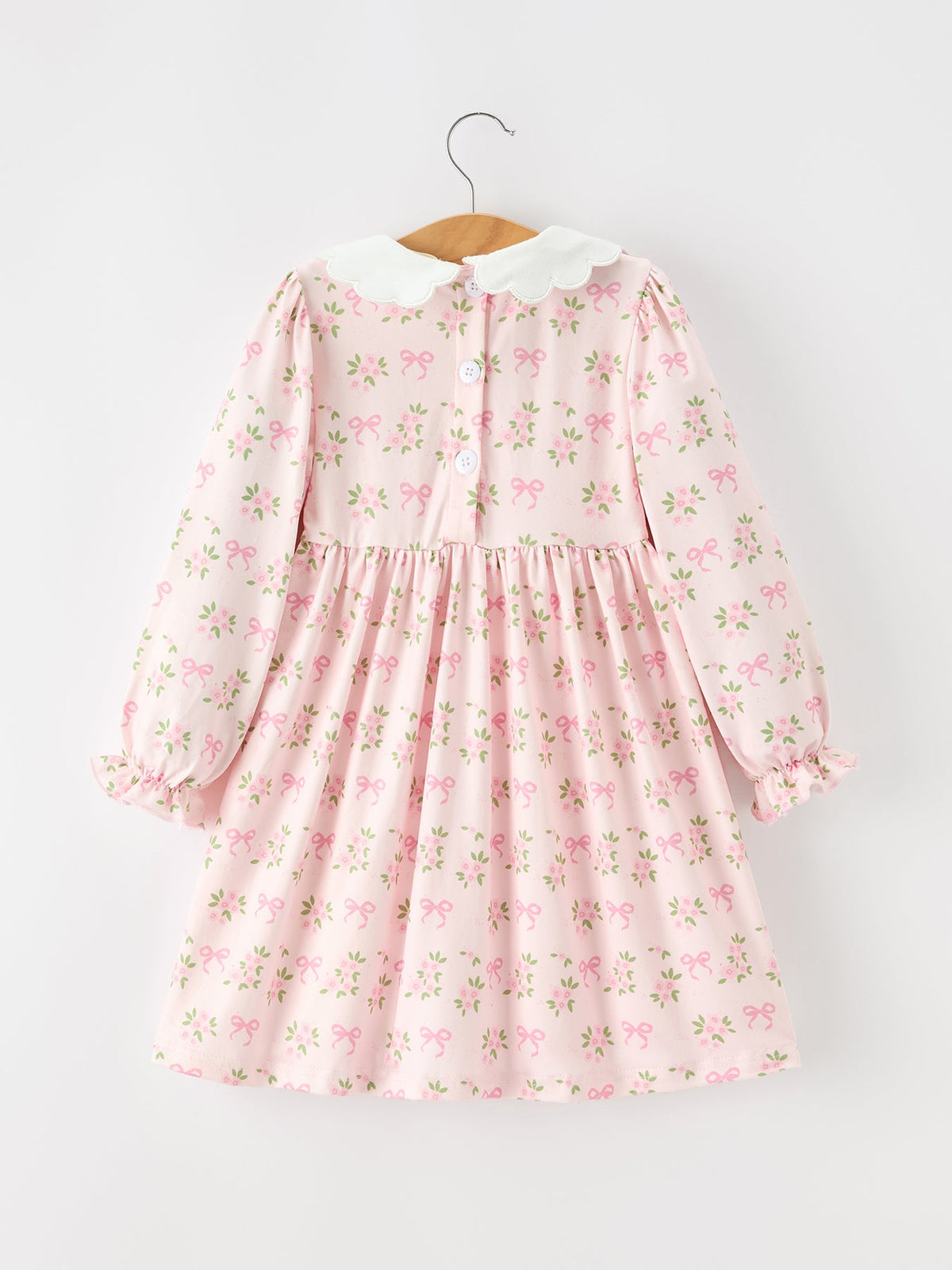 Pink Floral Embroidered Collar Smocked Dress