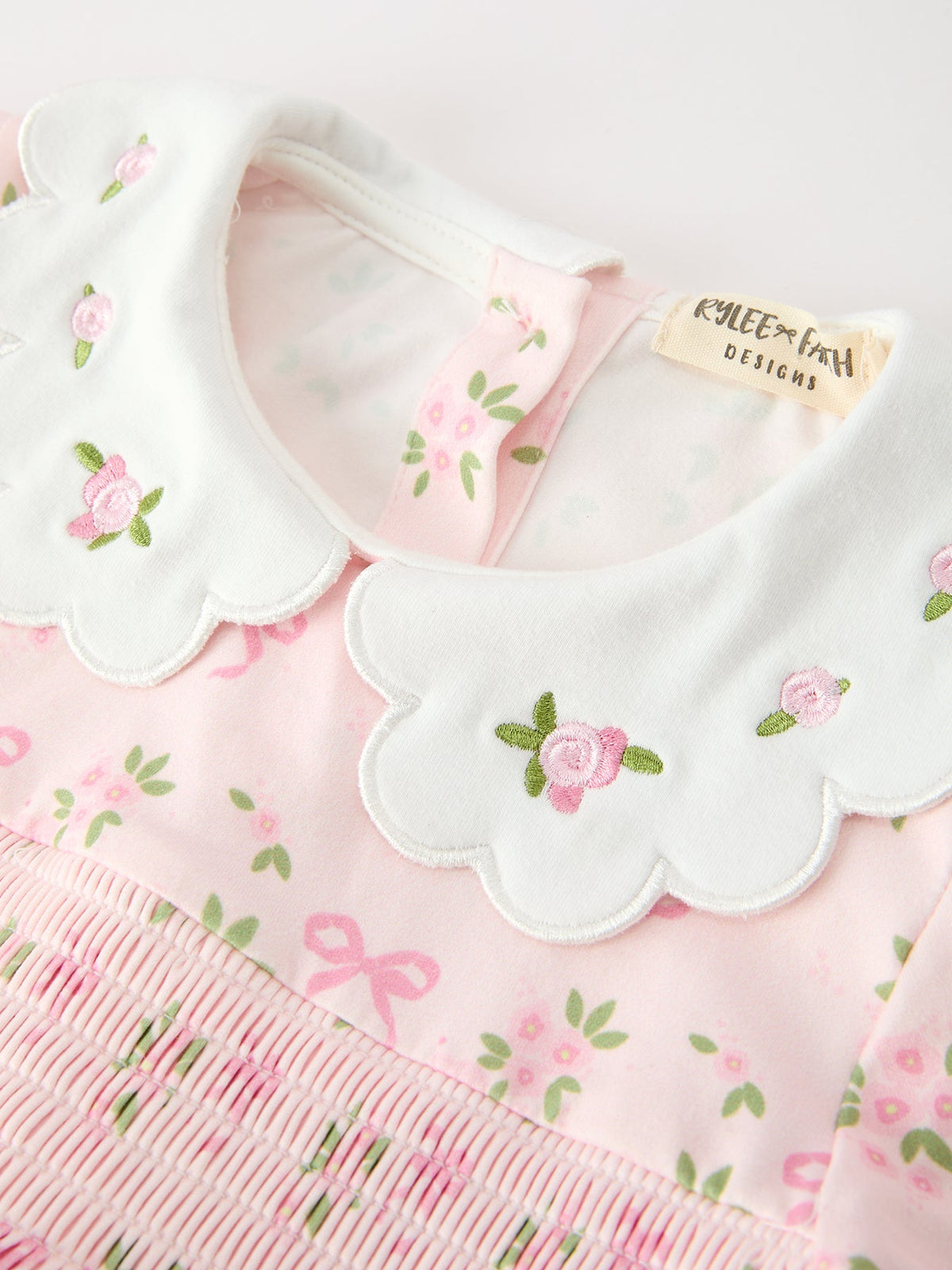 Pink Floral Embroidered Collar Smocked Dress