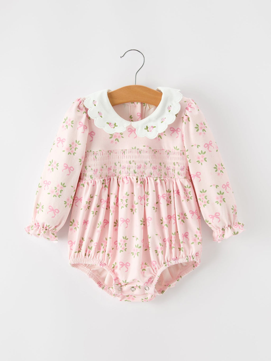Pink Floral Embroidered Collar Smocked Romper