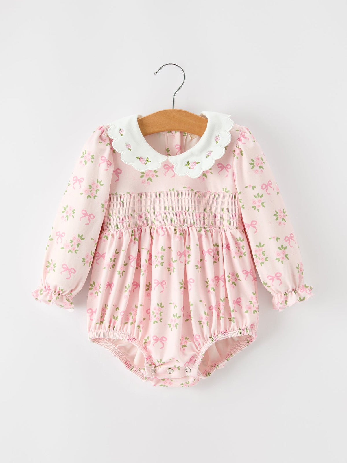 Pink Floral Embroidered Collar Smocked Romper