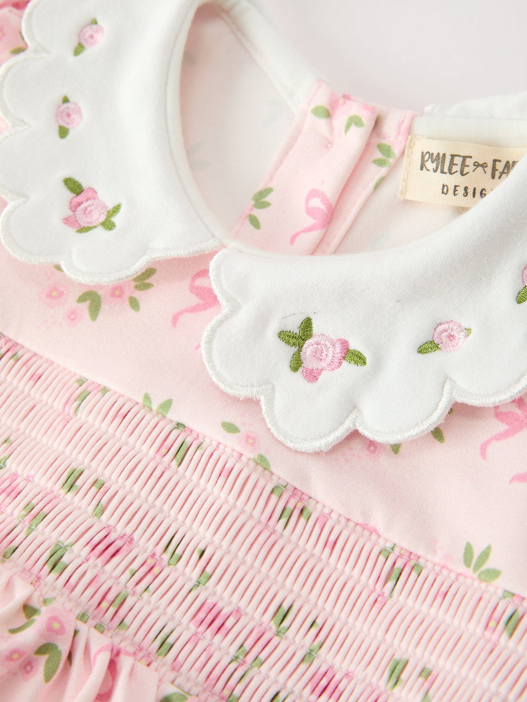 Pink Floral Embroidered Collar Smocked Romper