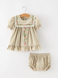 Khaki Plaid Floral Embroidered Bloomer Set