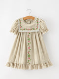 Khaki Plaid Floral Embroidered Dress