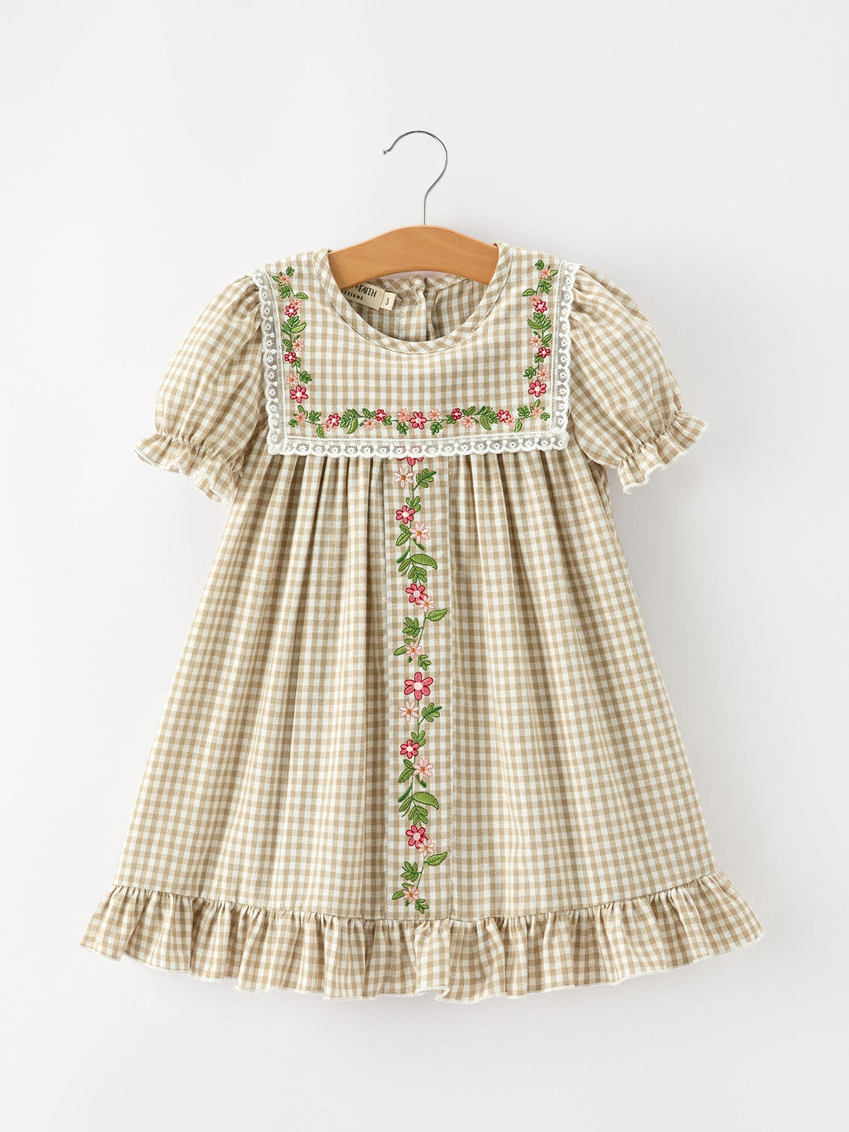 Khaki Plaid Floral Embroidered Dress