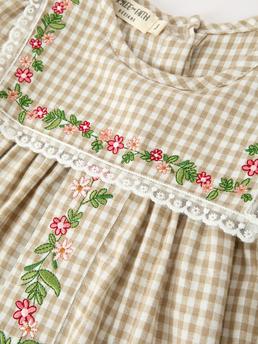 Khaki Plaid Floral Embroidered Dress