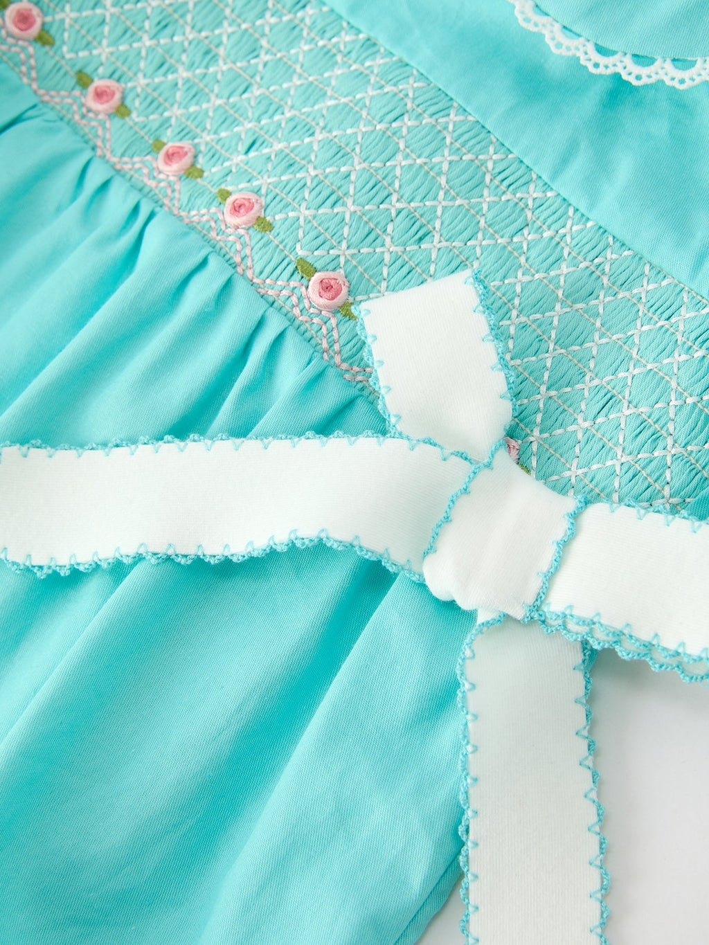 Aqua Smocked Floral Bow Bubble Romper