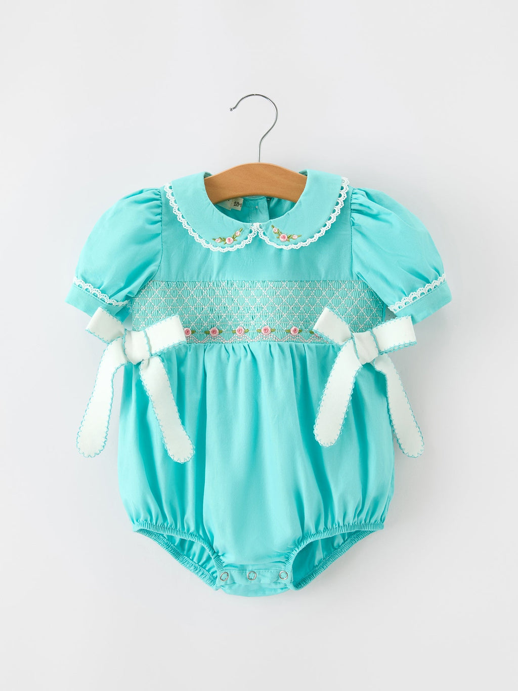 Aqua Smocked Floral Bow Bubble Romper