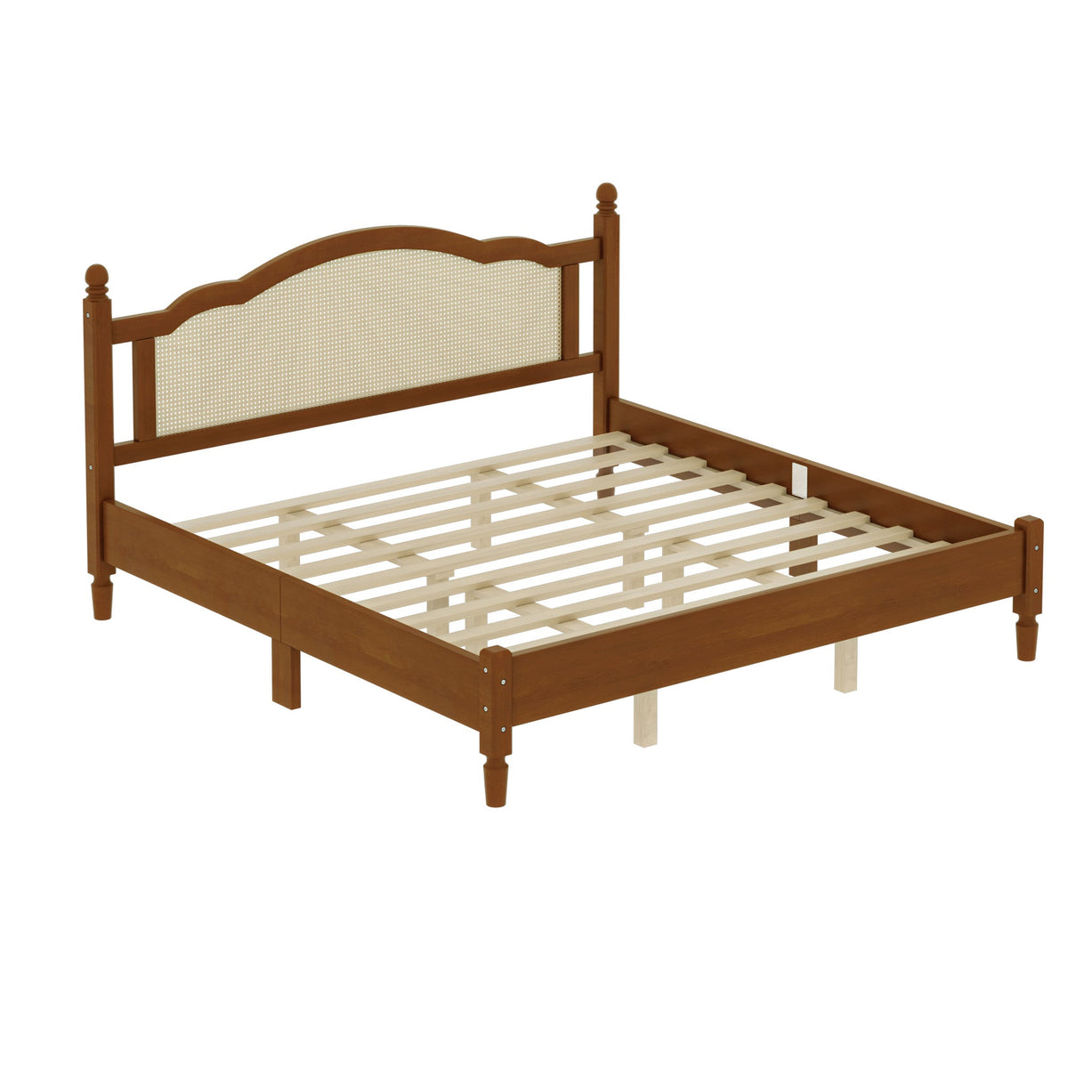 King Size Wooden Platform Bed with Rattan Headboard - Natural Wood