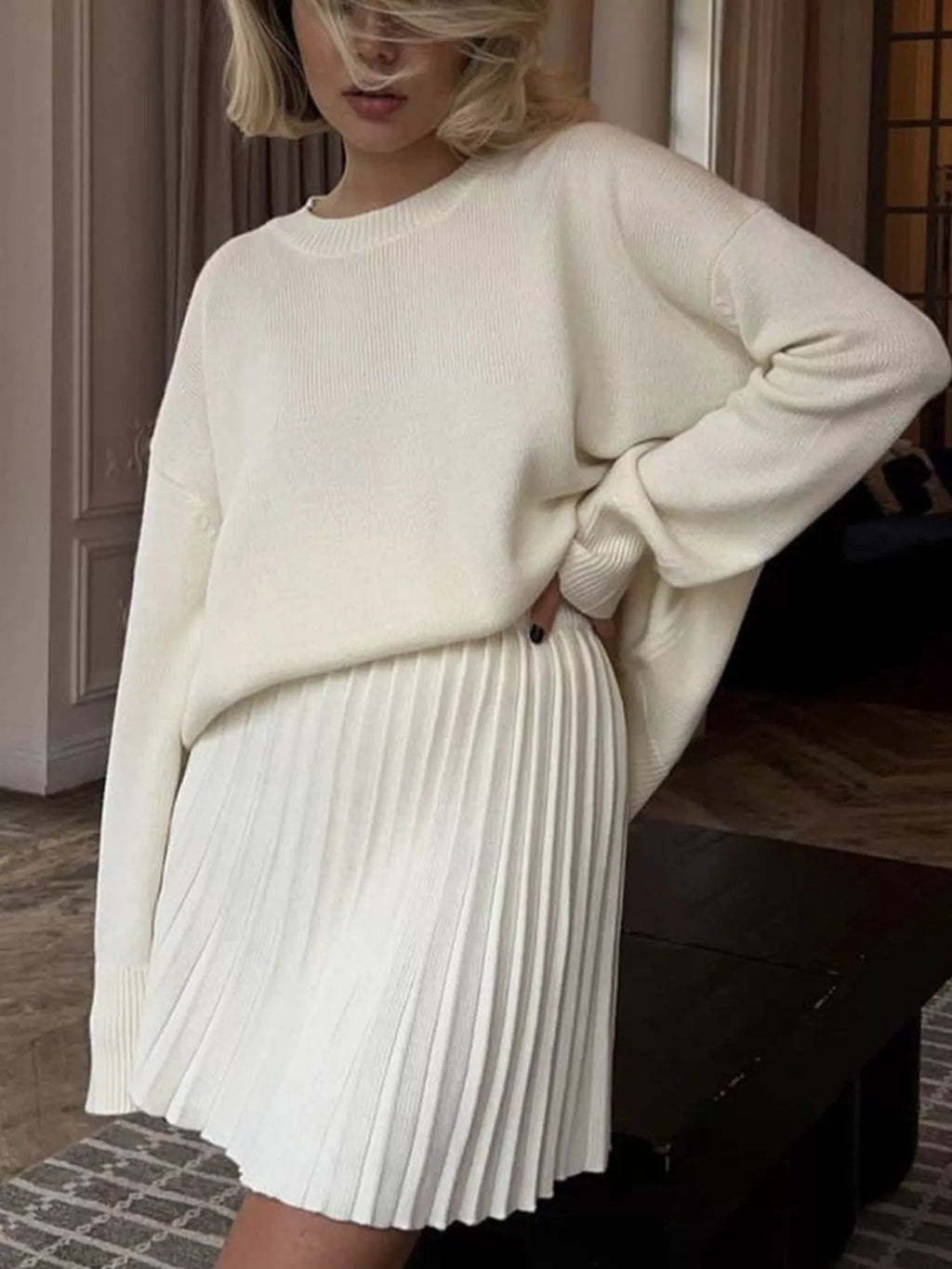 Round Neck Top and Pleated Skirt Sweater Set