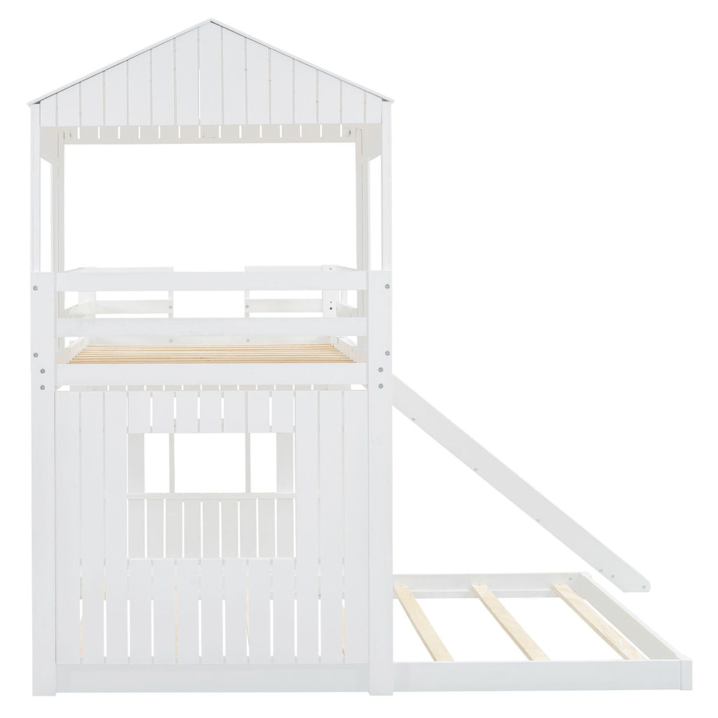 Loft Bunk Bed With Playhouse, Slide, and Guardrails - Twin Over Full