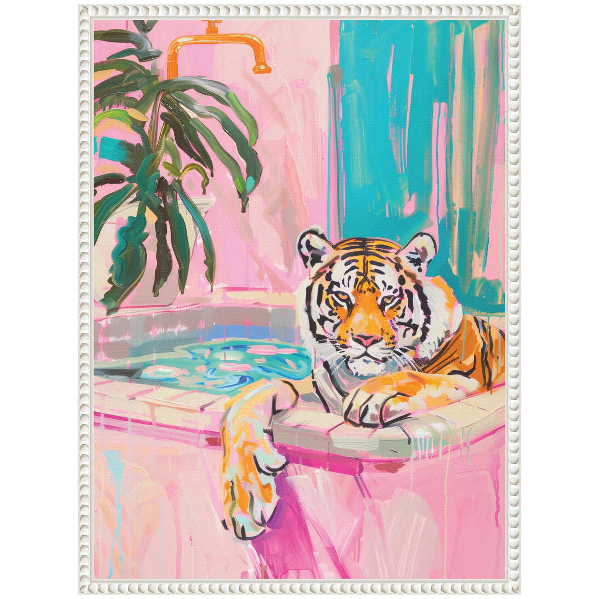 Sylvie Tiger Bathtub Vibrant Dopamine Decor Framed Canvas by Honey Island Studio