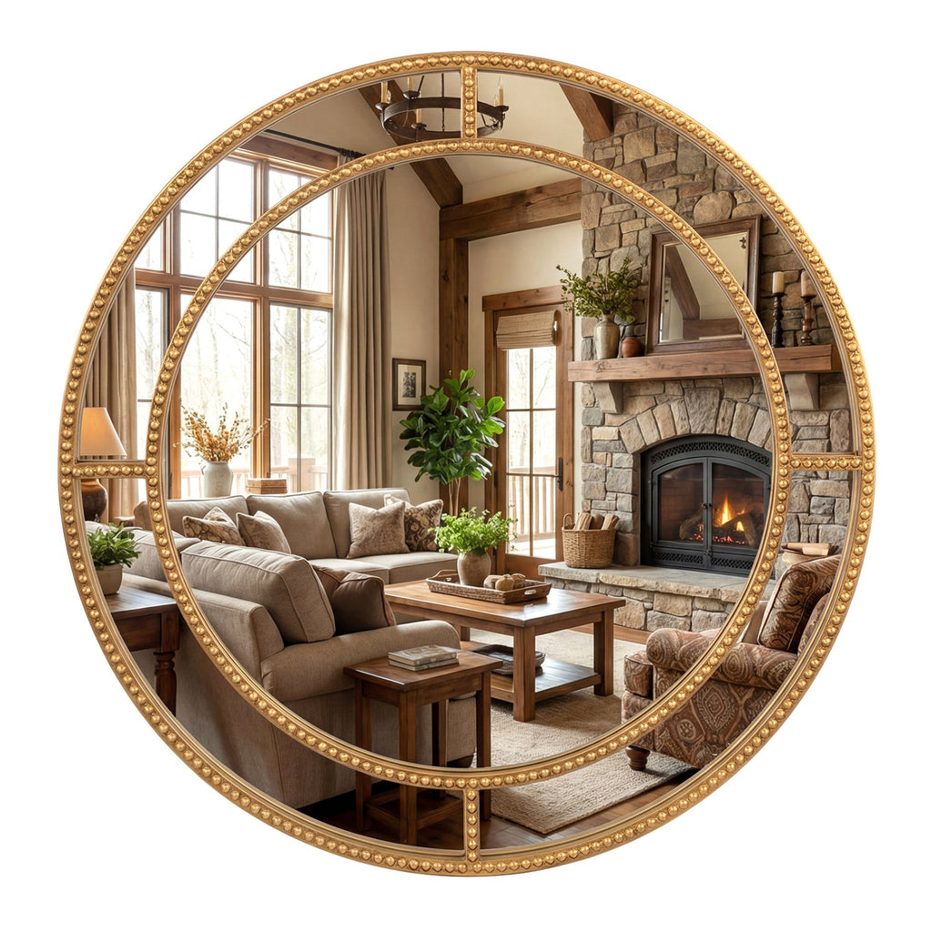 28 Inch Gold Round Wall Mirror with Beaded Frame for Living Room Entryway-Golden