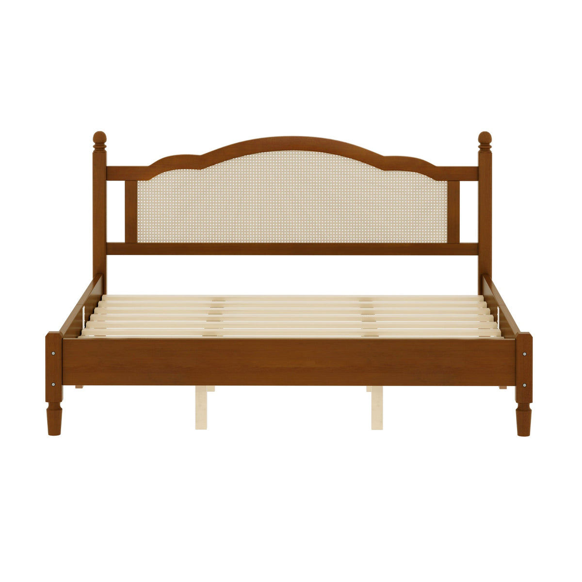King Size Wooden Platform Bed with Rattan Headboard - Natural Wood