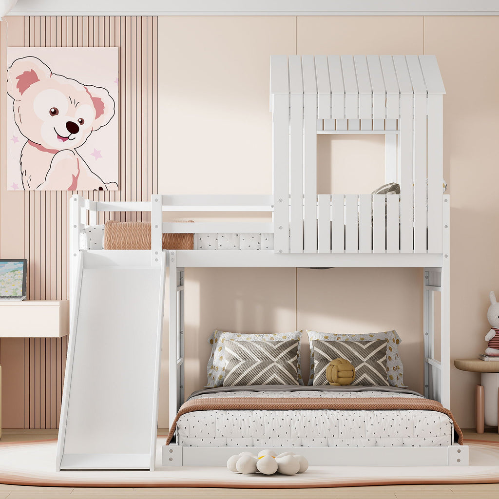 Loft Bunk Bed With Playhouse, Slide, and Guardrails - Twin Over Full