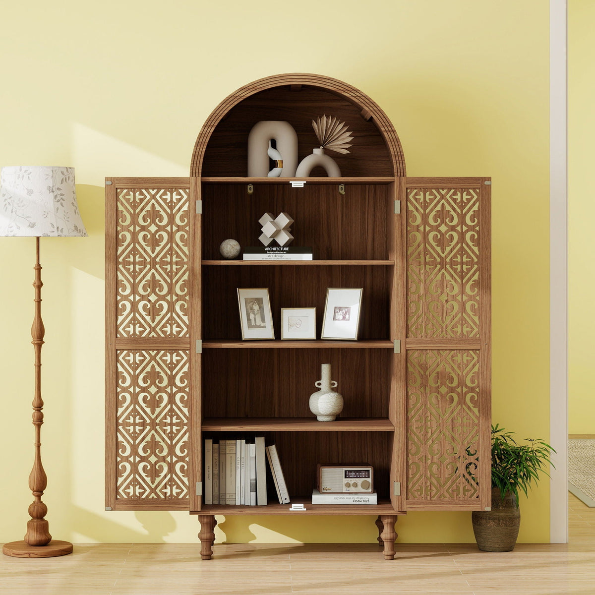 Tall Kitchen Pantry Cabinet With Hollow Carved Doors Adjustable Shelves Versatile Storage Cabinet For Kitchen - Walnut
