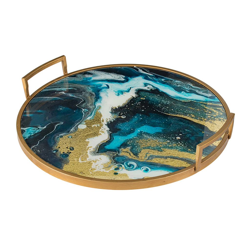 Round Accent Mirrored Tray with Handles - Blue & Gold